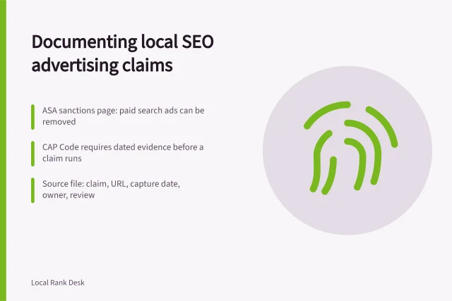 Card on documenting local SEO advertising claims with dated sources and ASA sanctions. Why local SEO advertising rules need documented sources
