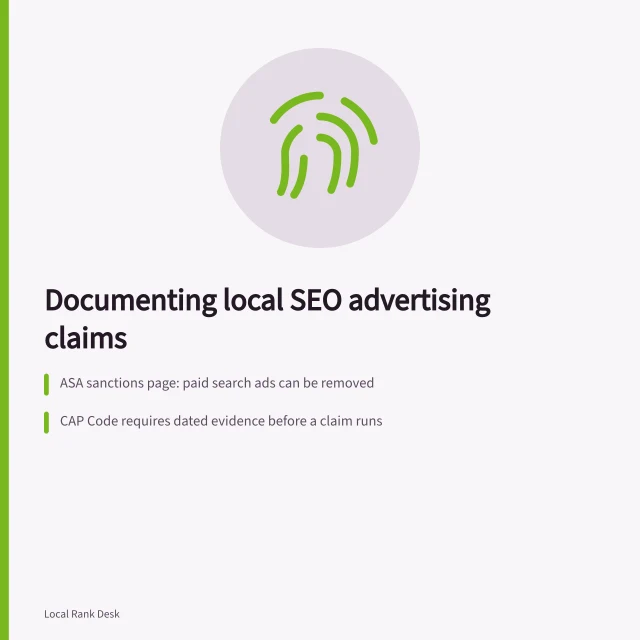 Card on documenting local SEO advertising claims with dated sources and ASA sanctions. Why local SEO advertising rules need documented sources