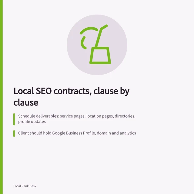Card summarising local SEO contract clauses on scope, ownership and data protection. Local SEO commercial contracts explained clause by clause