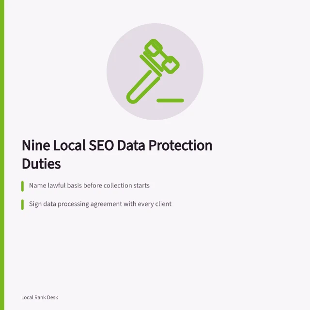 Card listing nine local SEO data protection duties for agencies. Nine local SEO data protection duties for agency client work