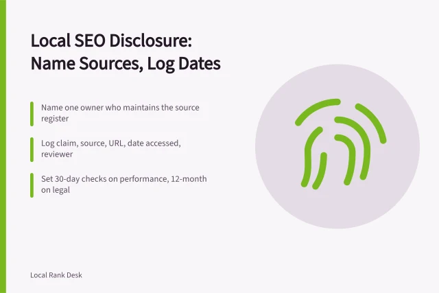 Card: local SEO disclosure policy with named sources and review dates. A local SEO disclosure policy needs named sources and review dates