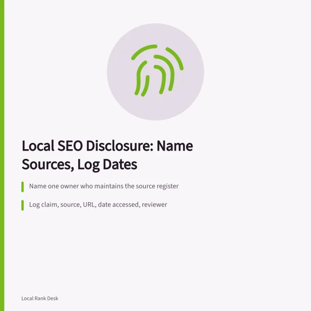 Card: local SEO disclosure policy with named sources and review dates. A local SEO disclosure policy needs named sources and review dates