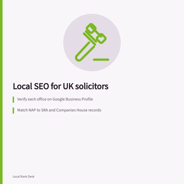 Card on local SEO for UK solicitors and SRA compliance. Local SEO for solicitors: how UK law firms can rank higher