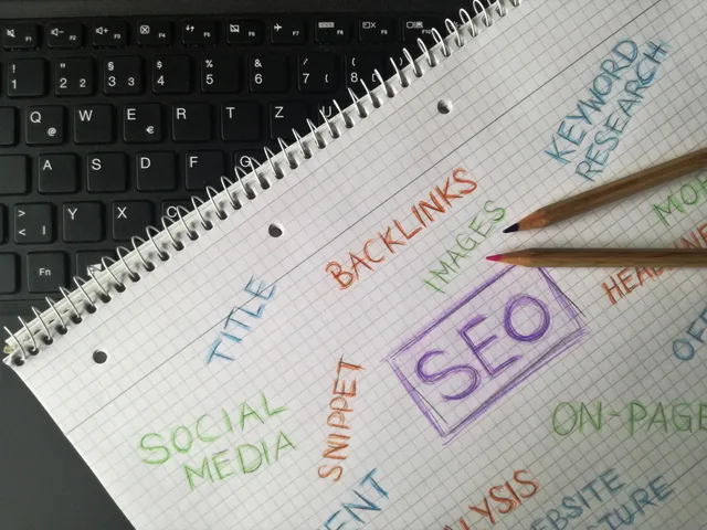 Close-up of notebook with SEO terms and keywords, highlighting digital marketing strategy. Reconciling a local SEO retainer quote without hidden extras