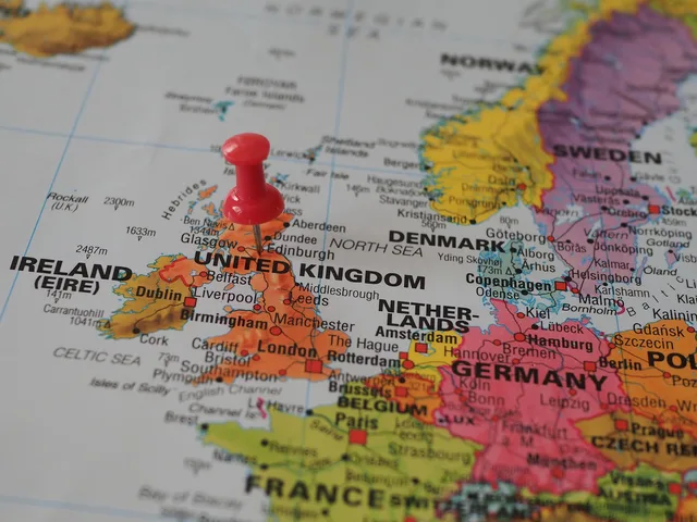 Close-up of a European map highlighting the UK with a red pin, perfect for geography themes. Which local SEO measurement mistakes cost England buyers most?