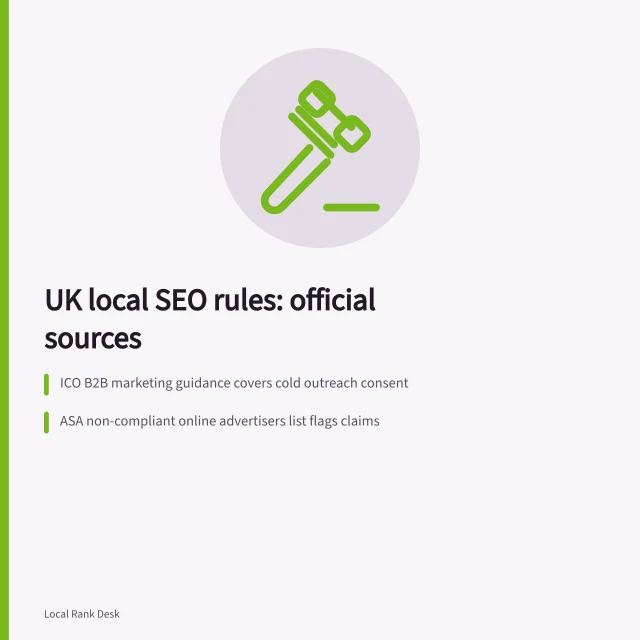 Card listing ICO, ASA and CIM as UK local SEO compliance sources. Sourcing local SEO UK regulations without guessing at the rules